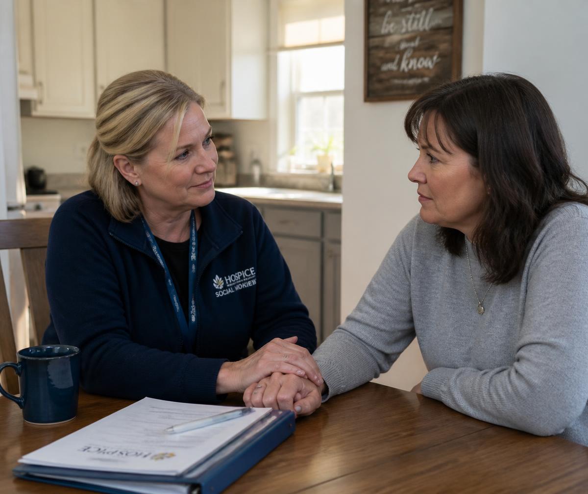 Hospice social worker supporting a family member at home